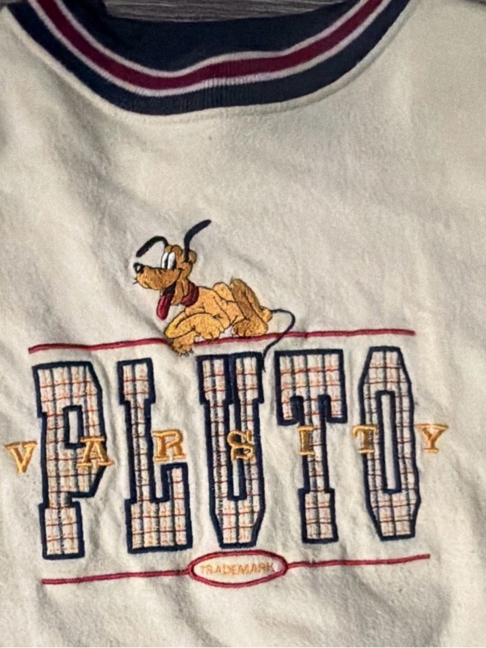 Vintage Disney Pluto Sweater with Embroidery and Red-Navy Trim
